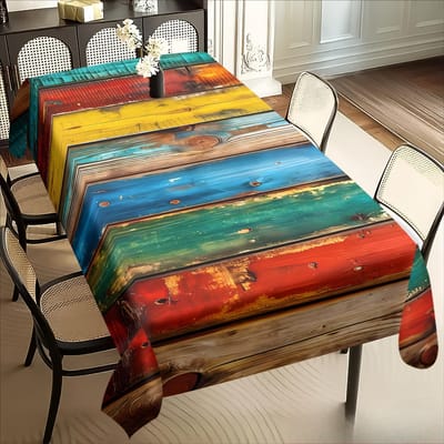 Regenboogkleurige Houtnerf Rechthoekige Tafelkleed voor Tafeldecoratie Wasbaar Retro Kleurrijk Gestreept Keukentafelkleed Huisdecoratie 90x140cm blue
