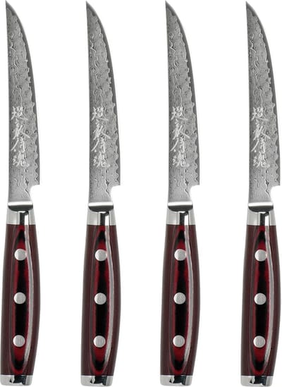 Yaxell Super Gou Steakmessenset 12 cm – 4-delig – 161 Lagen Damaststaal – SG2 Staal – 63 HRC – Canvas-Micarta Heft