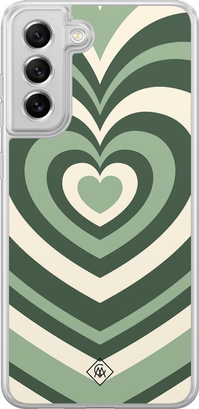 Casimoda® hoesje - Geschikt voor Samsung Galaxy S21 FE - Groen Hart Swirl - 2-in-1 case - Schokbestendig - Illustratie - Verhoogde randen - Groen, Transparant
