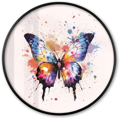 Poster in lijst Rond - Fotolijst 60x60 cm - Posters - Vlinder - Roze - Verf - Kleurrijk - Ronde posterlijst zwart - Decoratie - Wanddecoratie woonkamer - Muurdecoratie slaapkamer