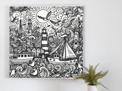 Doodle haven schilderij | Haven of Creativity: A Doodle Masterpiece of Artistic Expression | Kunst - 40x40 centimeter op Dibond | Foto op Dibond