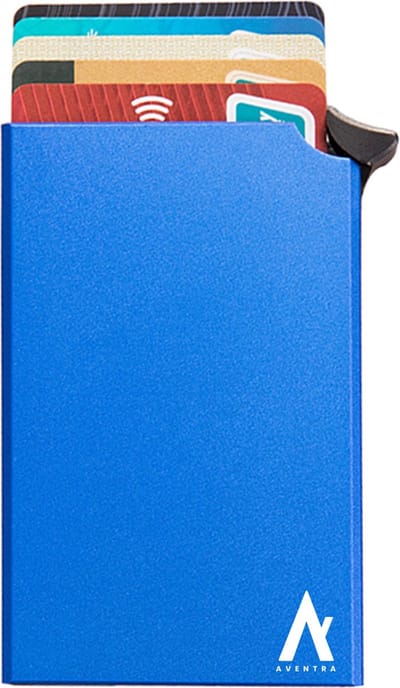 Aventra® Pasjeshouder Uitschuifbaar - Kaarthouder - Pasjeshouder Mannen & Vrouwen - RFID Creditcardhouder - Pashouder - 6 tot 8 Pasjes - Blauw/Blue