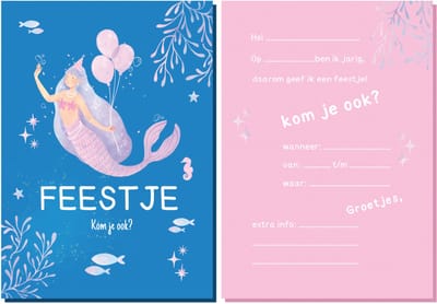 Uitnodiging kinderfeestje zeemeermin - 10 stuks - meisje - roze - blauw