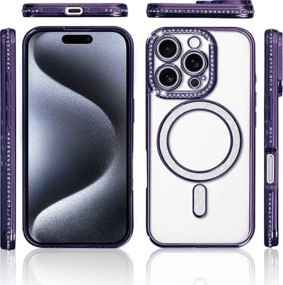 Hoesje Geschikt voor iPhone 15 Pro Magsafe hoes Lens beschermer Paars – Luxe bling sprankelende diamant backcover