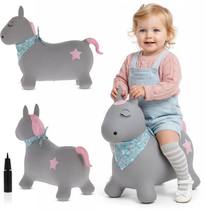 sun baby - Springdier met pomp vanaaf 1 jaar - Paard - grijs met bandana - max 50kg, duurzaam rubber, gecertificeerd, bpa-vrij, springpaard, springhond