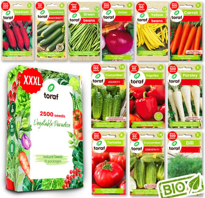 Toraf Groentezaad XXL Set 12 Zakjes 2500 Zaden Biet, Ui, Bonen, Komkommer, Tomaat & Meer Biologisch & GMO-vrij
