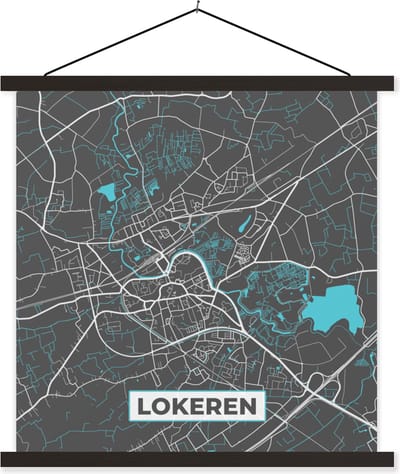 Posterhanger incl. Poster 60x60 cm - Schoolplaat - Stadskaart – Grijs - Kaart – Lokeren – België – Plattegrond - Textielposter - Zwarte latten - Stadskaart
