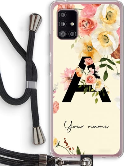 Gepersonaliseerd - Case Company® - Hoesje met koord geschikt voor Samsung Galaxy A51 5G hoesje met Koord - Flirty Flowers Monogram - Telefoonhoesje met Zwart Koord - Bescherming aan alle Kanten en Over de Schermrand