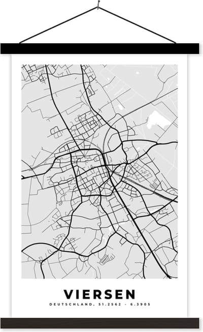 Posterhanger incl. Poster 40x60 cm - Schoolplaat - Plattegrond - Duitsland - Viersen - Stadskaart - Kaart - Textielposter - Zwarte latten - Stadskaart