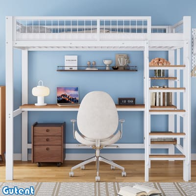 Gutent Hoogslaper - Ijzeren bed - met tafel en plank - met 5 treden ladder - met leuning - Ijzer + MDF - Wit + Naturel - 90x200cm - Zonder matras-Geen stoelen