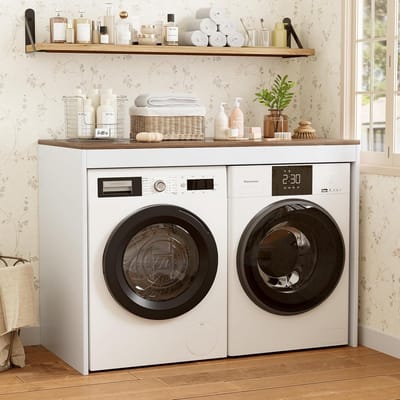 Wasmachinekast - Drogerkast Meubel - Ruimte Organiseren - Groot Werkblad - 60 x 128 x 97 cm - Bruin Wit