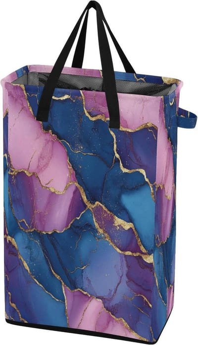 Hoge wasmand - Kledingmand - Kleding opbergen - Vrijstaand ontwerp - 48L capaciteit - Marmer Marineblauw Pastel