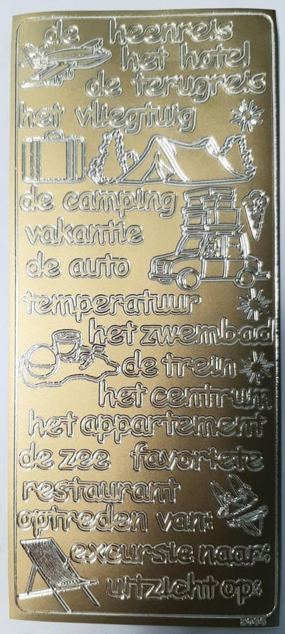 Jeje 2085 - Vakantie stickervel scrapbook - goud gouden - peel off stickers teksten fotoalbum - holiday reizen - de zee het hotel - tent koffer - kamperen - strandstoel