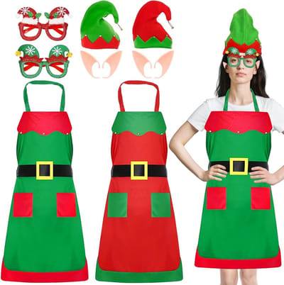 Vrouwelijk Kerstelf Kostuum, 8-delige Set met Schort, Elf Hoed, Bril en Oren voor Feestjes, Carnaval en Cosplay