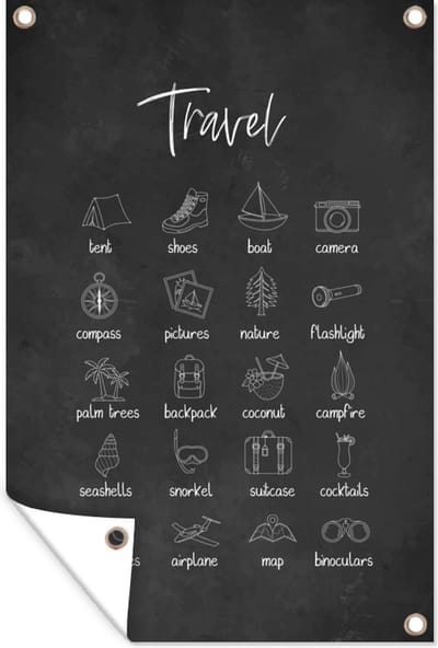 Muurdecoratie Spreuken - Quotes - Travel - Tent - Schoenen - 120x180 cm - Tuinposter - Tuindoek