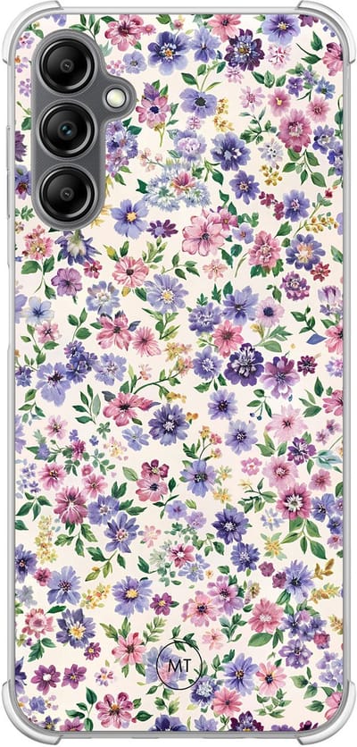 Hoesje (shockproof) geschikt voor Samsung Galaxy A14 5G - Paarse bloemen - Extra sterke case - TPU/polycarbonaat - Bloemen - Paars, Transparant