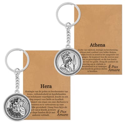 Athena & Hera Sleutelhanger Bundel – Macht & Leiderschap - Zilverkleurig Stainless Steel - Griekse Goden Sleutelhangers Set - Pax Amare