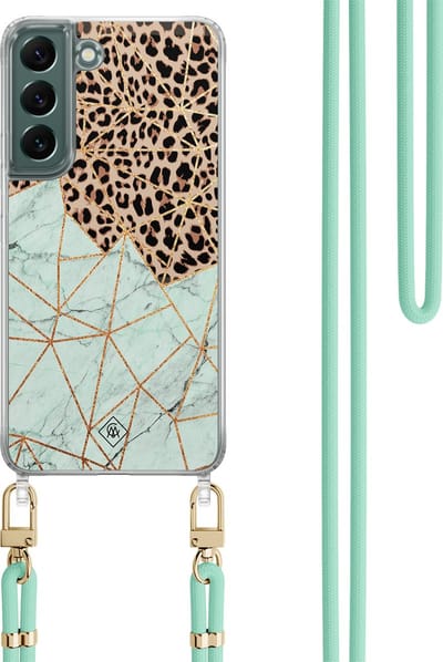Casimoda® hoesje met koord - Geschikt voor Samsung S22 - Luipaard Marmer Mint - Afneembaar koord - TPU/polycarbonaat - Mint