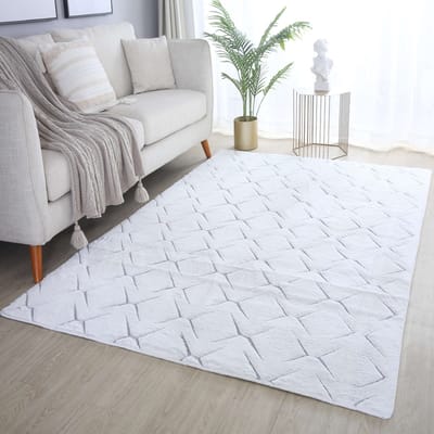 Flycarpets Nonia Hoogpolig Fluffy 3D Design Geruit Vloerkleed - Zilver - 80x250 cm