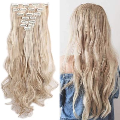 Clip-in haarextensies 24 inch, 8 wefts, golvend, Sandy Blond en Bleach Blond - Natuurlijk uitziend haaraccessoire