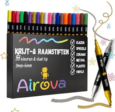 Airova® 20x Dual marker Raamstiften Afwasbaar - Krijtstiften - Glasstiften - Krijtmarker - Raamverf - Krijtstiften voor Krijtbord - Stiften voor Ramen | Whiteboard | Whiteboard markers – Twinmarkers - 3-6 mm tip