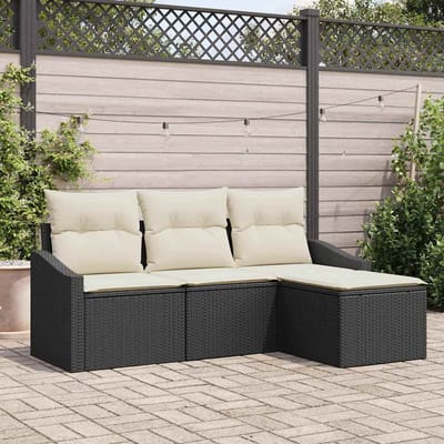 vidaXL Bankstel met kussen met opslag 4 pcs Zwart en Crème poly rattan