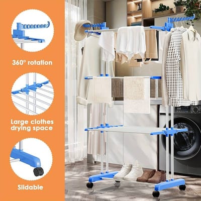 Opvouwbaar 3-Laags Wasdroogrek met Wielen – Zware Metalen Wasdroogtoren met 6 Vaste & 2 Draaibare Vleugels – Ruimtebesparend Kledingrek voor Binnen & Buiten