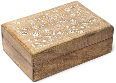 Tarotdoos Mystiek Ontwerp Mangohout Whitewash - 18 cm x 12 cm x 6 cm