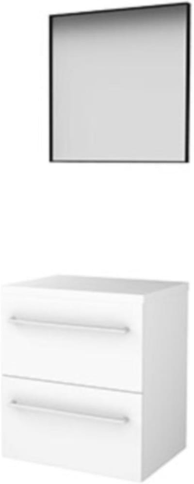 Basic-Line Framed 46 Badkamermeubelset - 60 x 46 cm - Met Grepen - 2 Lades - Wastafelblad - Spiegel met Zwart Aluminium Frame - Ice White