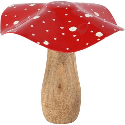 Dekoratief | Paddenstoel m/stippen, rood/wit/naturel, hout/metaal, 17x17x16cm | A258102