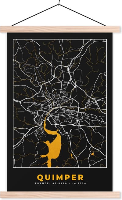 Posterhanger incl. Poster 40x60 cm - Schoolplaat - Stadskaart – Plattegrond – Quimper - Kaart – Frankrijk - Textielposter - Blanke latten - Stadskaart