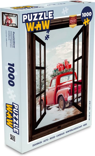 Puzzel Doorkijk - Auto - Rood - Cadeaus - Winterlandschap - Kerst - Legpuzzel - Puzzel 1000 stukjes volwassenen - Kerst - Cadeau - Kerstcadeau voor mannen, vrouwen en kinderen
