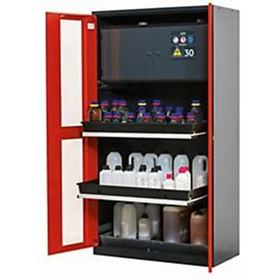 Chemicaliënkast asecos CS-CLASSIC-GF, scharnierende deuren met glasuitsparing, front traffic rood, B 1055 x D 520 x H 1950 mm