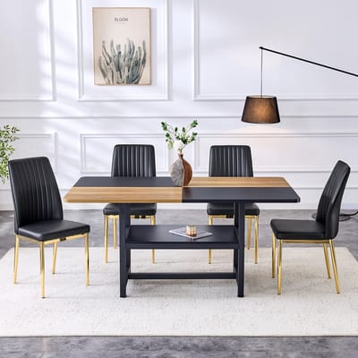 Eettafelset: Moderne minimalistische eettafel van veiligheidsglas met een diameter van 85 cm, gecombineerd met 4 zwarte eetkamerstoelen van hoogwaardig kunstleer, voor woonkamer, eetkamer en keuken.