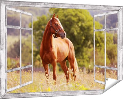 Gards Tuinposter Doorkijk Bruin Paard in de Wei - 150x100 cm - Tuindoek - Tuindecoratie - Wanddecoratie buiten - Tuinschilderij