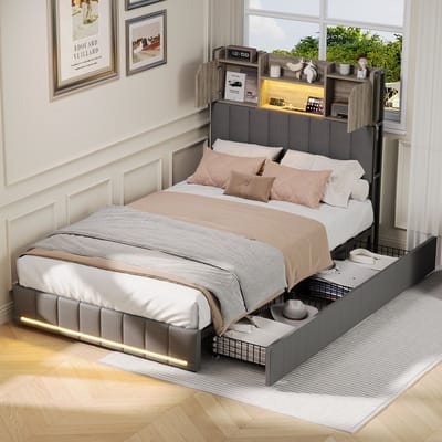Kinderbed gestoffeerd bed 90 x 200 cm met opbergruimte, eenpersoonsbed met LED en USB, jeugdbed met 2 lades, bedframe met hoofdeinde en lattenbodem, linnen, zonder matras (grijs, 90 x 200 cm)