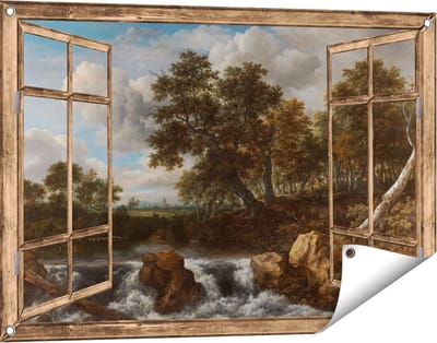 Gards Tuinposter Doorkijk Landschap met Waterval - Jacob van Ruisdael - 90x60 cm - Tuindoek - Tuindecoratie - Wanddecoratie buiten - Tuinschilderij
