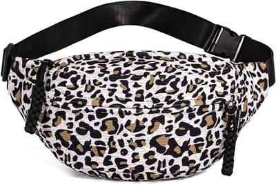 Stijlvolle Corduroy Heuptas voor Reizen, Casual Bum Bag met Verstelbare Band en Luipaardprint, Unisex Heuptas voor Dames en Heren, Off-white en Modern Design