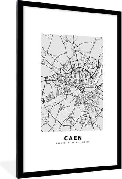 Fotolijst incl. Poster - Frankrijk - Plattegrond - Kaart - Caen - Stadskaart - 80x120 cm - Posterlijst