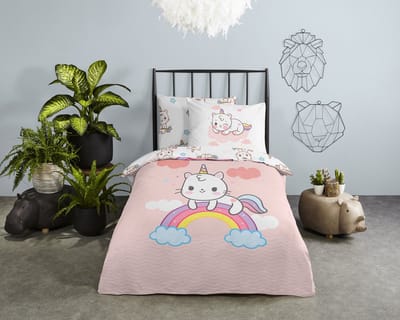 Good Morning Kinderdekbedovertrek "eenhoorn kat met regenboog" - Roze - (140x200/220 cm) - Katoen