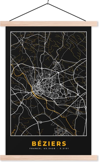 Posterhanger incl. Poster 40x60 cm - Schoolplaat - Béziers – Plattegrond – Frankrijk – Kaart – Stadskaart - Textielposter - Blanke latten - Stadskaart