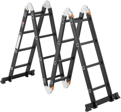Multifunctionele vouwladder, 7-in-1 uitschuifbare trapladder, A-frame met 4 treden en steigerplank, telescopische ladder, 4,7 m reikwijdte, slijtvast, 150 kg draagvermogen, voor buitengebruik thuis