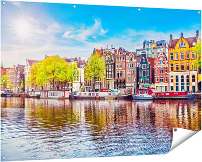 Gards Tuinposter Amsterdamse Huisjes aan het Water - 150x100 cm - Tuindoek - Tuindecoratie - Wanddecoratie buiten - Tuinschilderij