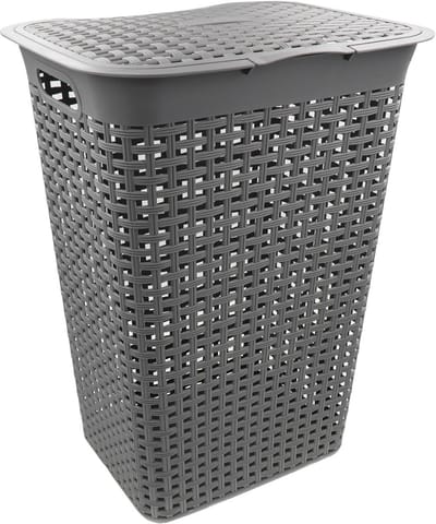 Wasmand met deksel rotanlook 55L - Hoekig, Grijs