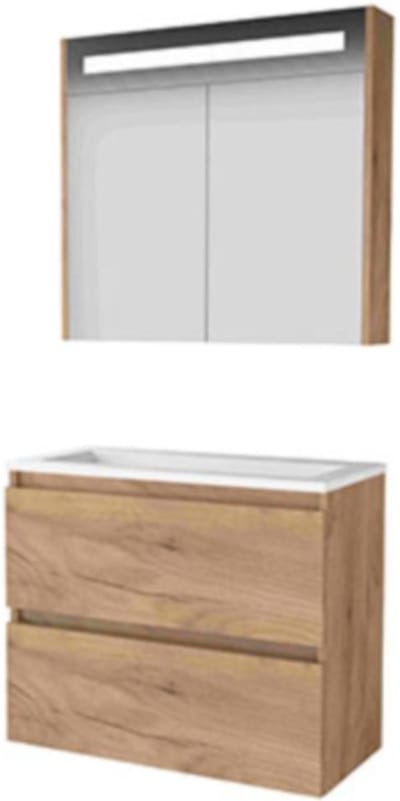 Basic-Line Premium 39 Badkamermeubelset - Ondiep - 80 x 39 cm - Greeploos - 2 Lades - Acryl Wastafel - Zonder Kraangat - Spiegelkast met LED Verlichting - Whisky Oak