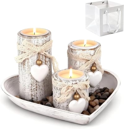 Set van 3 Houten Kaarsenhouders met Dienblad voor Eettafel, Rond Tafeldecoratie, Ornamenten voor Woonkamer en Badkamer, Perfect als Huiskamer Cadeau