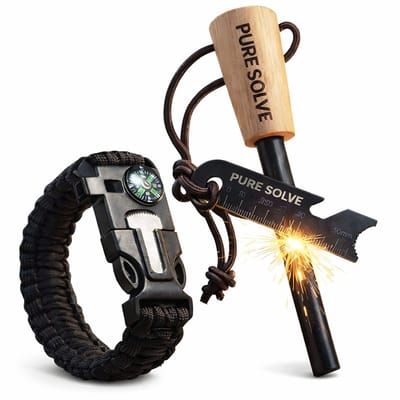 Vuurstarter Kit 5-in-1 – Vuursteen & Magnesium – Survival Noodpakket met Noodarmband, Fluit, Kompas, Mes & Touw