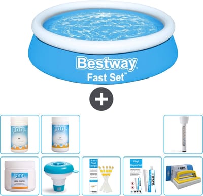 Bestway Rond Opblaasbaar Fast Set Zwembad - 183 x 51 cm - Blauw - Inclusief Chloor - Chloordrijver - Testrips - Reparatiesetje - Scrubborstel - PH-min - PH-plus - Thermometer