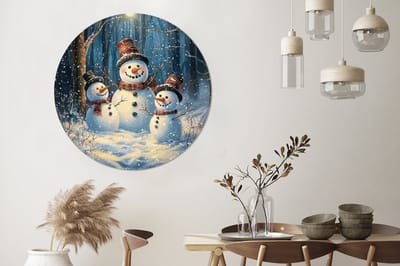 WallCircle - Wandcirkel - Muurcirkel - Sneeuwpop - Sneeuw - Winter - Bos - Aluminium - Dibond - 140x140 cm - Binnen en Buiten