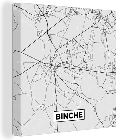 Canvas Schilderij Zwart Wit – België – Plattegrond – Stadskaart – Kaart – Binche - 20x20 cm - Wanddecoratie